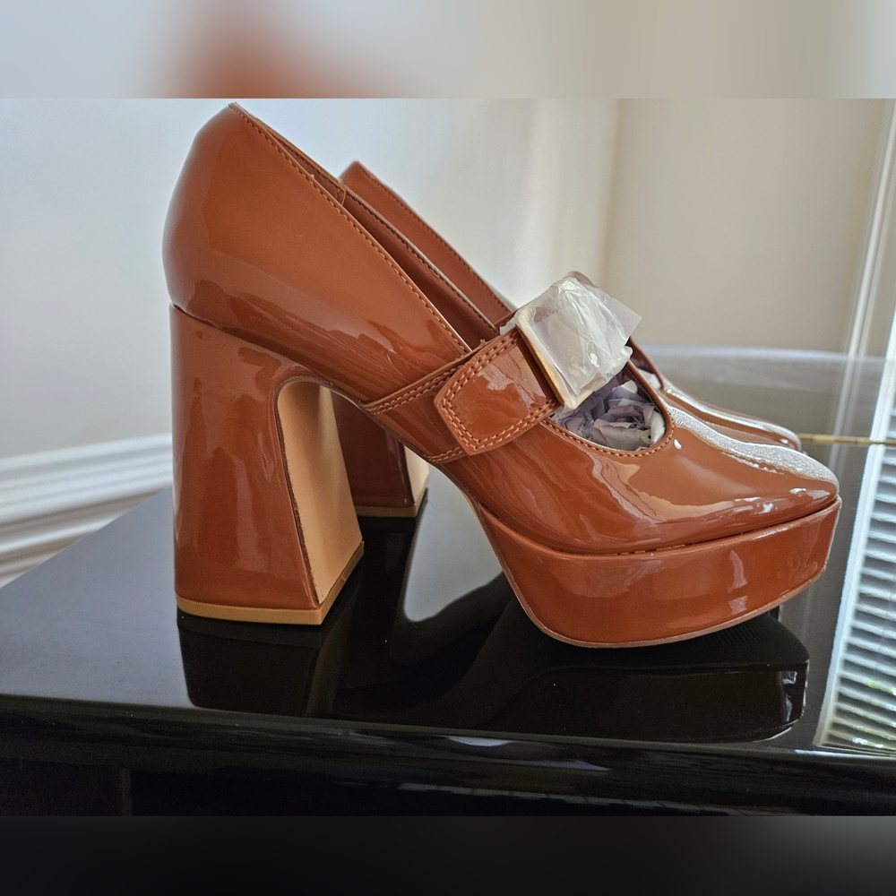 COUTGO NEW Platform Block Heel Light BROWN Patent T-Strap Mary Janes Heels Size6